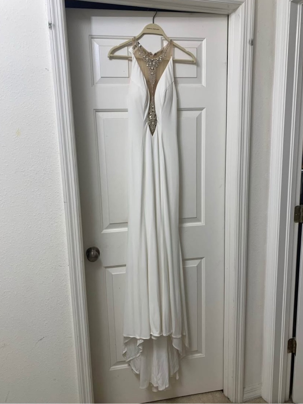 Jovani White Halter High-Low Gown with Gold Illusion Embellishment